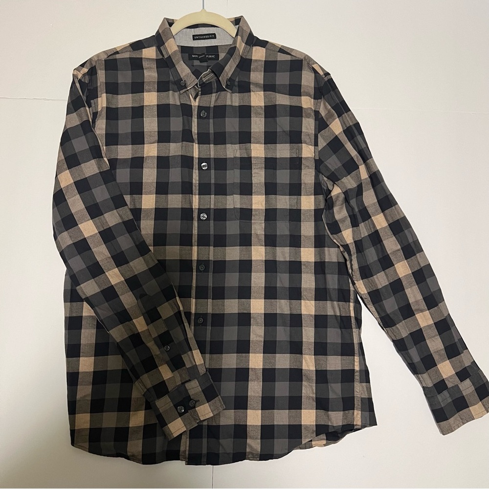 Banana Republic Mens Large Brown Check Flannel Untucked Fit Button Down Shirt